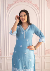 Powder Blue Embroidered Cotton Kurta with Palazzo & Lace Work-P1307POWDERBLUE
