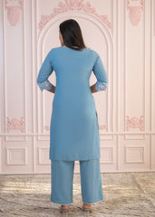 Powder Blue Embroidered Cotton Kurta with Palazzo & Lace Work-P1307POWDERBLUE