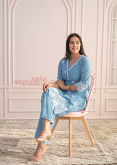 Powder Blue Embroidered Cotton Kurta with Palazzo & Lace Work-P1307POWDERBLUE