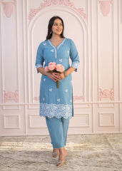 Powder Blue Embroidered Cotton Kurta with Palazzo & Lace Work-P1307POWDERBLUE