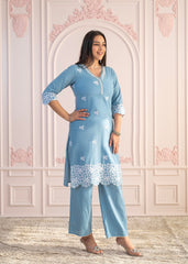 Powder Blue Embroidered Cotton Kurta with Palazzo & Lace Work-P1307POWDERBLUE