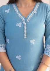 Powder Blue Embroidered Cotton Kurta with Palazzo & Lace Work-P1307POWDERBLUE