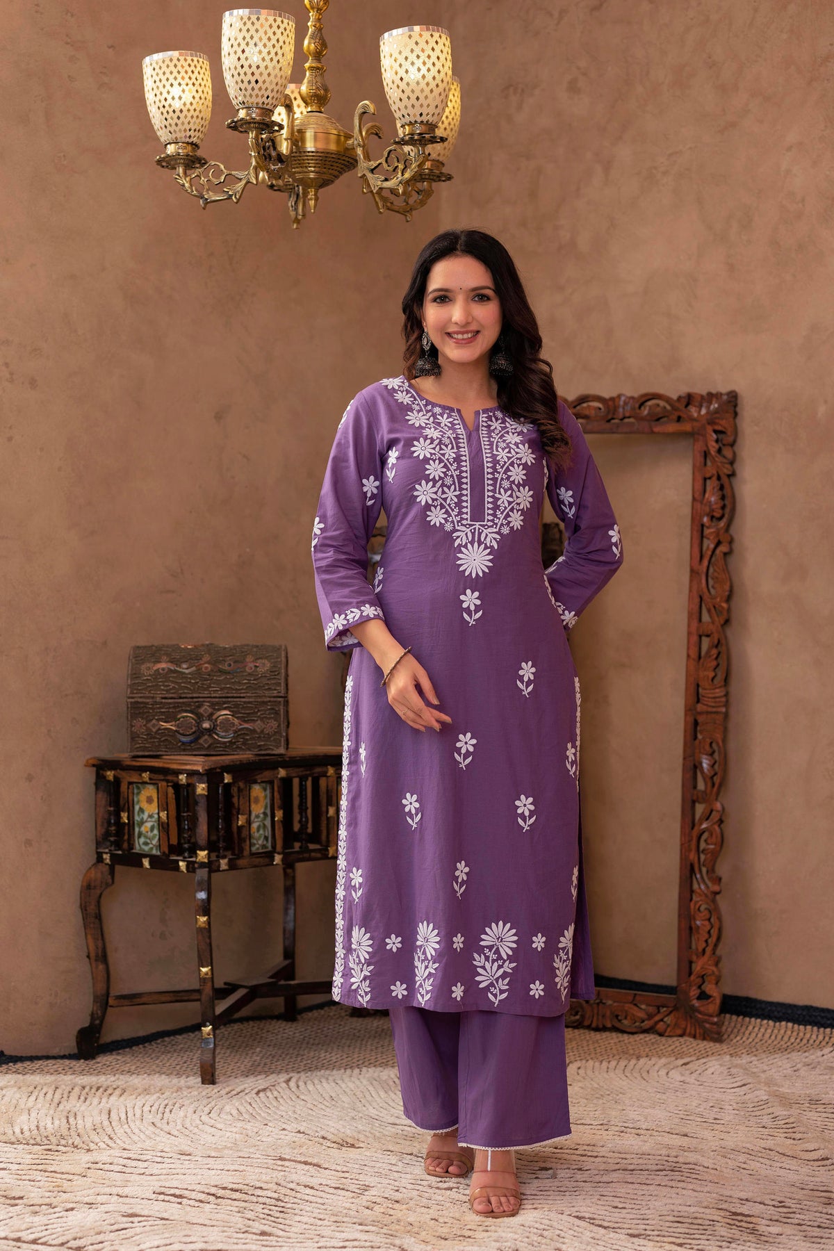 Purple Embroidered Cotton Kurta with Palazzo-P1308PURPLE