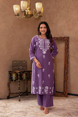 Purple Embroidered Cotton Kurta with Palazzo-P1308PURPLE