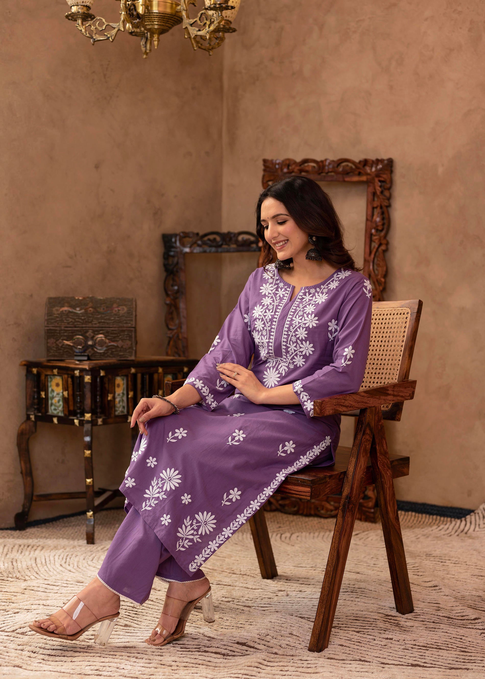 Purple Embroidered Cotton Kurta with Palazzo