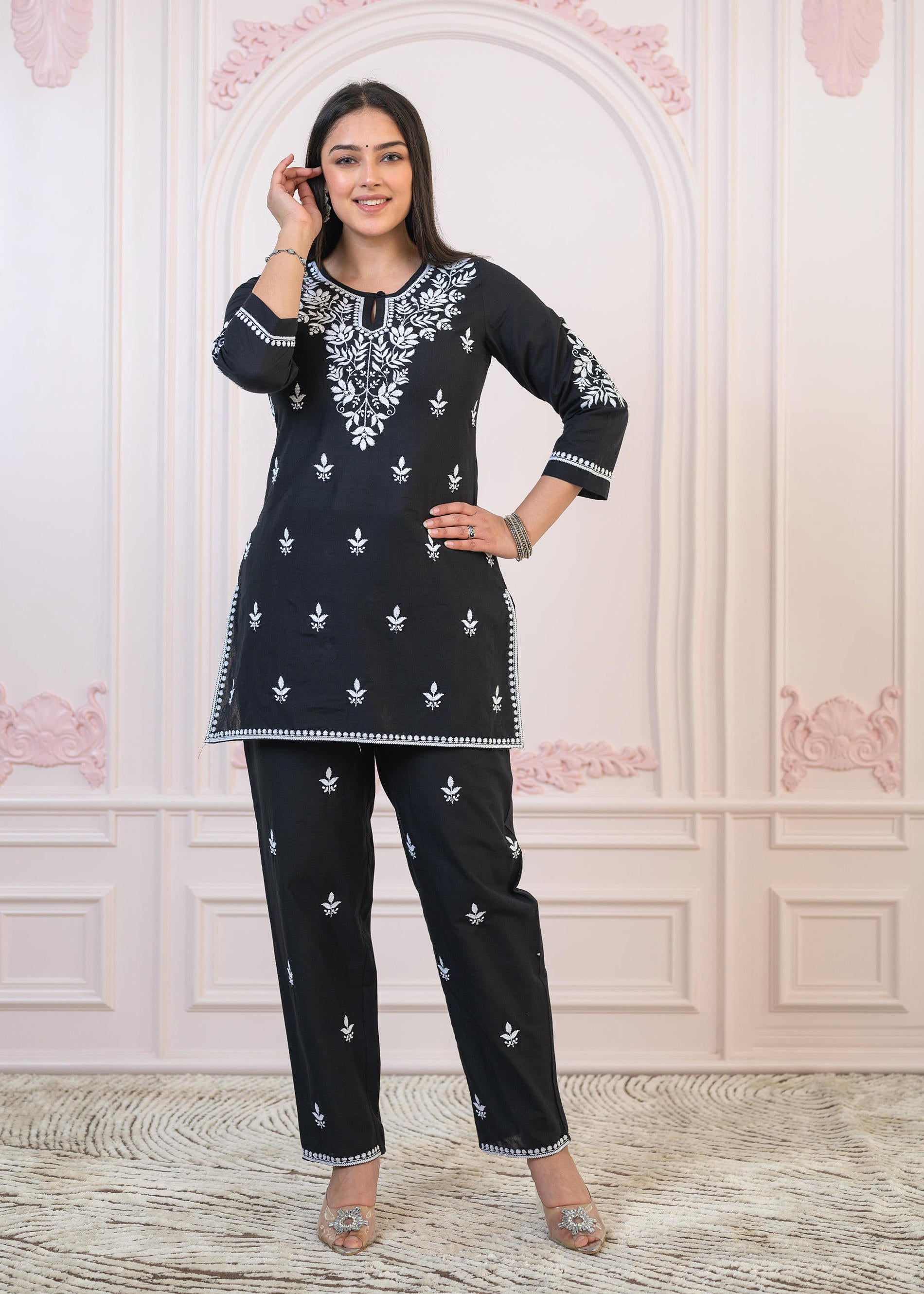 Black Cotton Embroidered Kurta-Pant Set with Thread Work & Buttons