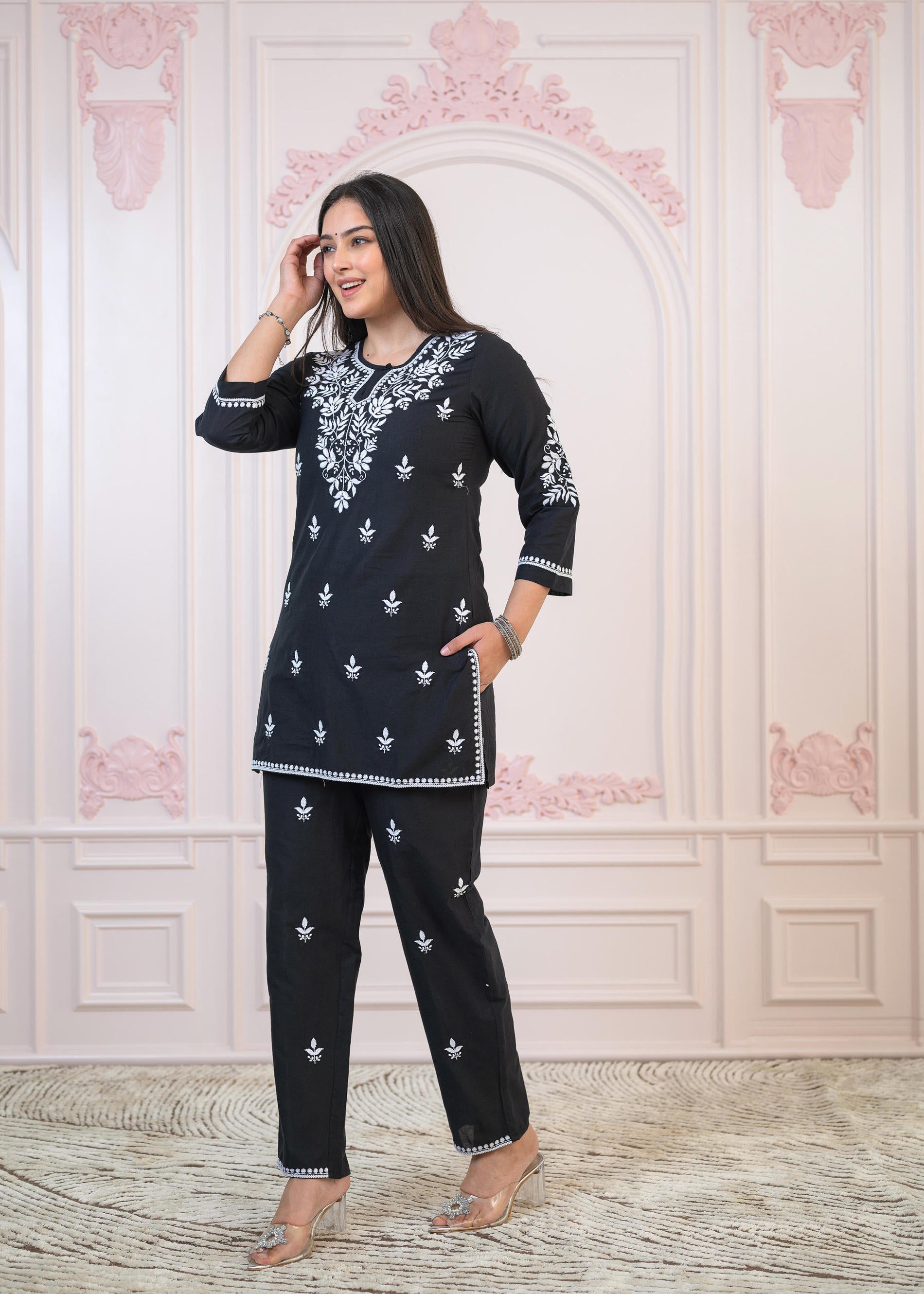 Black Cotton Embroidered Kurta-Pant Set with Thread Work & Buttons