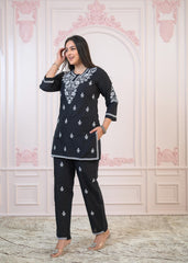 Black Cotton Embroidered Kurta-Pant Set with Thread Work & Buttons-P1309BLACK