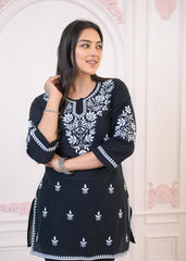 Black Cotton Embroidered Kurta-Pant Set with Thread Work & Buttons-P1309BLACK