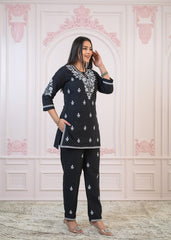 Black Cotton Embroidered Kurta-Pant Set with Thread Work & Buttons-P1309BLACK