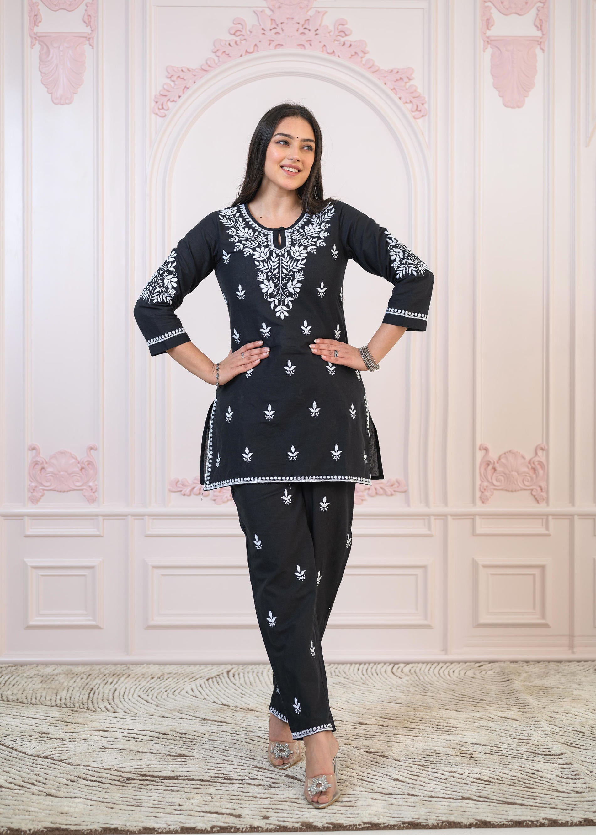 Black Cotton Embroidered Kurta-Pant Set with Thread Work & Buttons