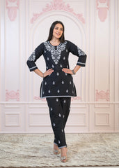 Black Cotton Embroidered Kurta-Pant Set with Thread Work & Buttons-P1309BLACK