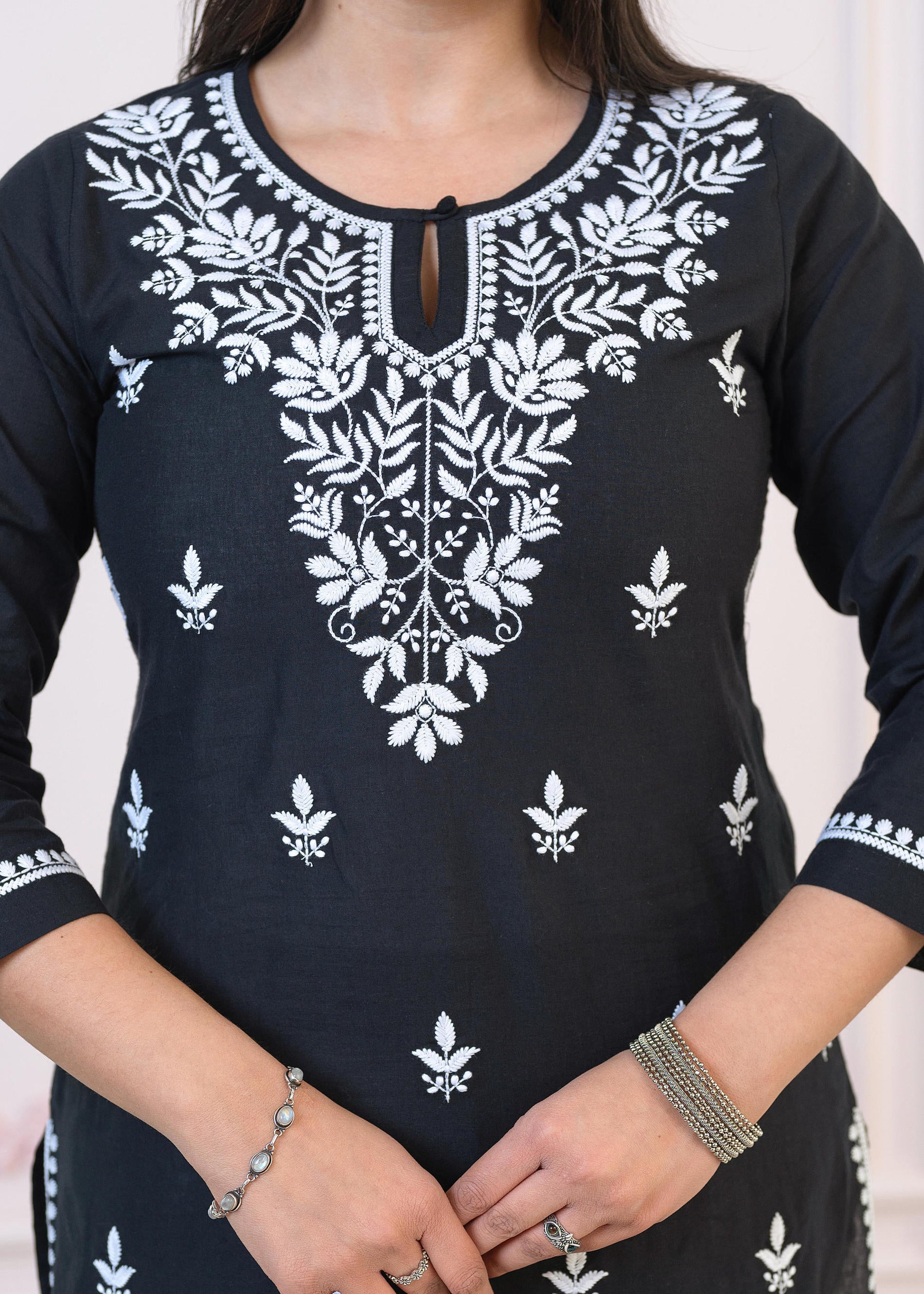 Black Cotton Embroidered Kurta-Pant Set with Thread Work & Buttons
