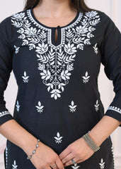 Black Cotton Embroidered Kurta-Pant Set with Thread Work & Buttons-P1309BLACK