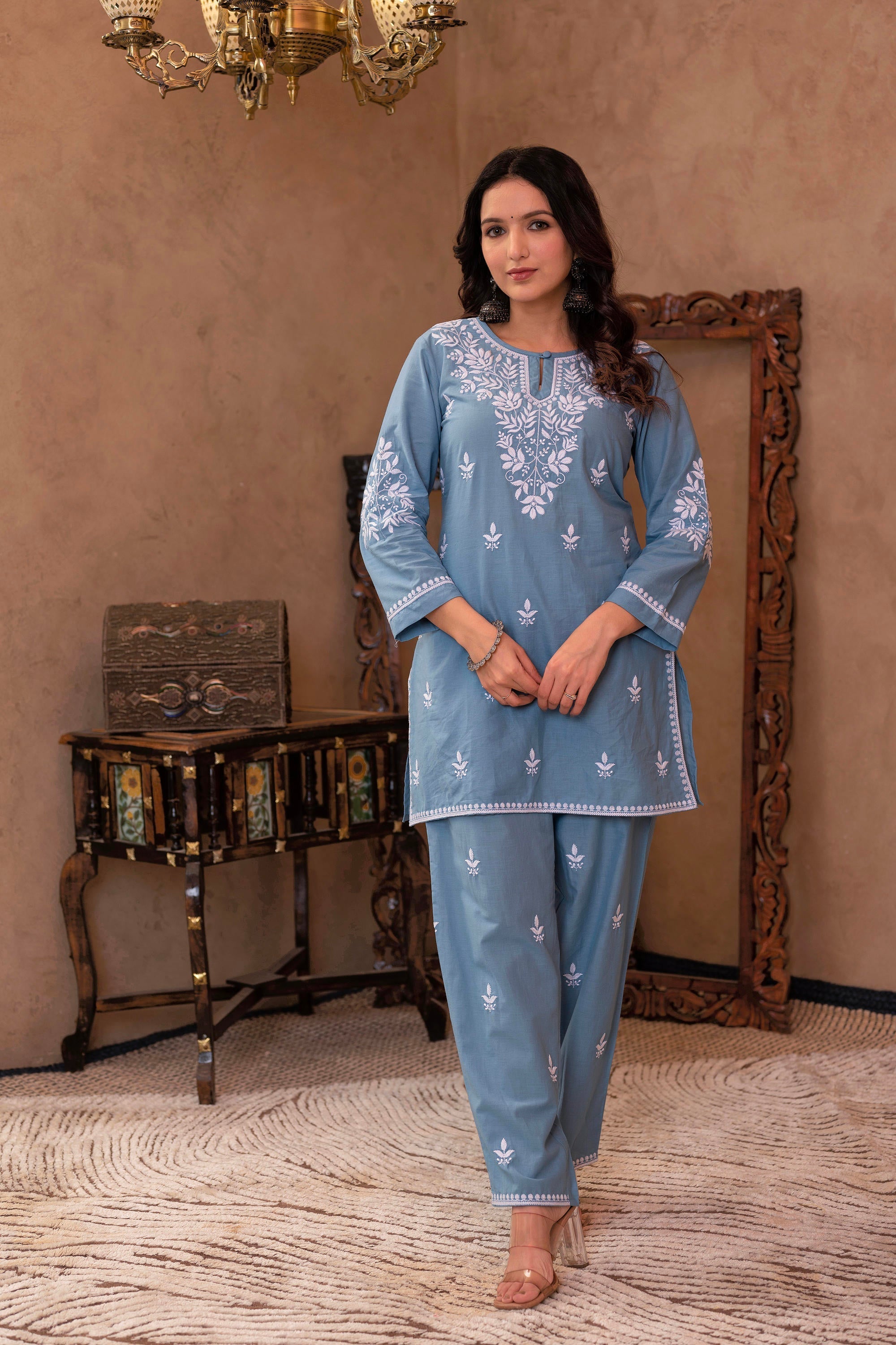 Blue Embroidered Cotton Slub Kurta with Pant & Button Details | DesiQl