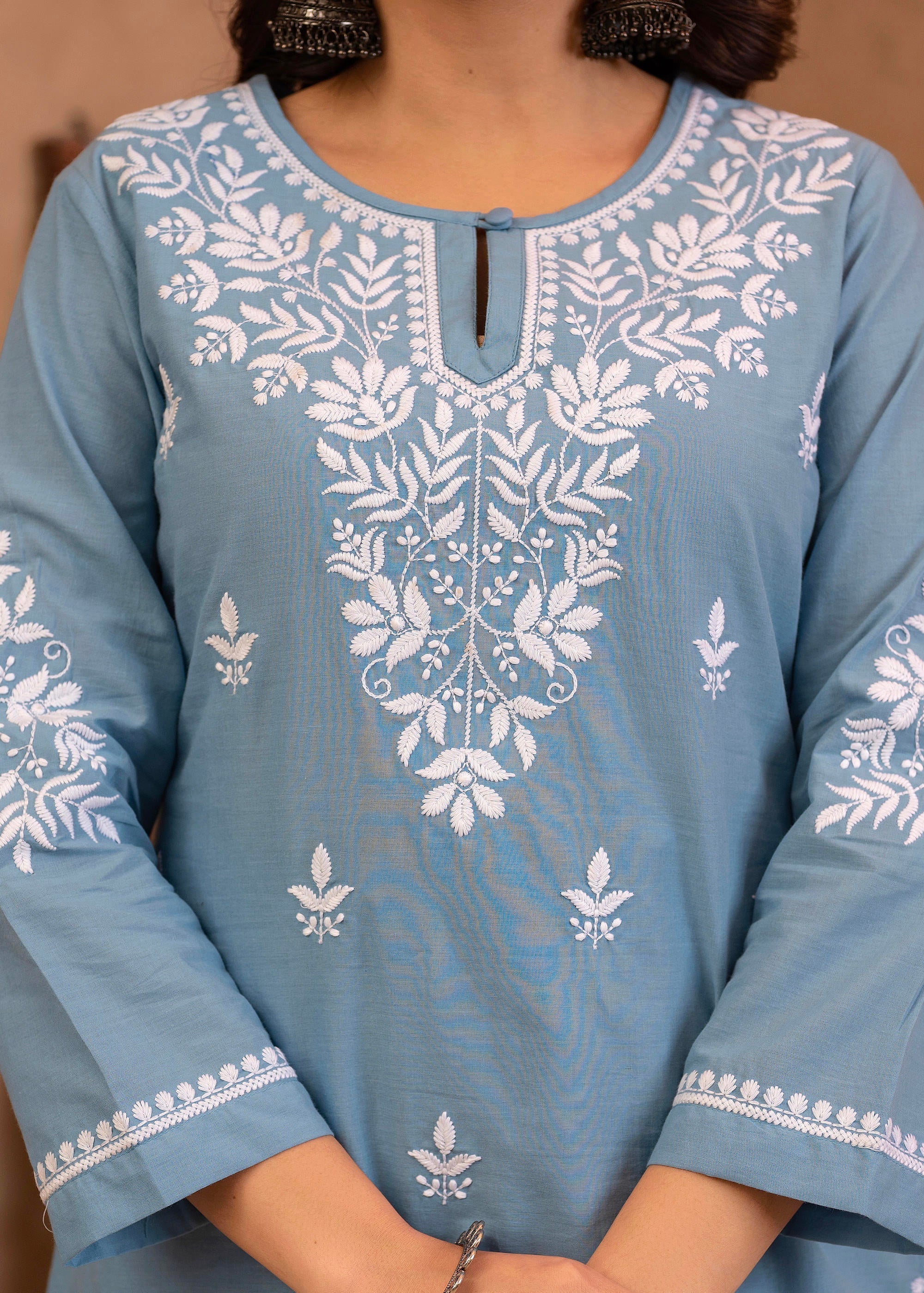 Blue Embroidered Cotton Slub Kurta with Pant & Button Details | DesiQl