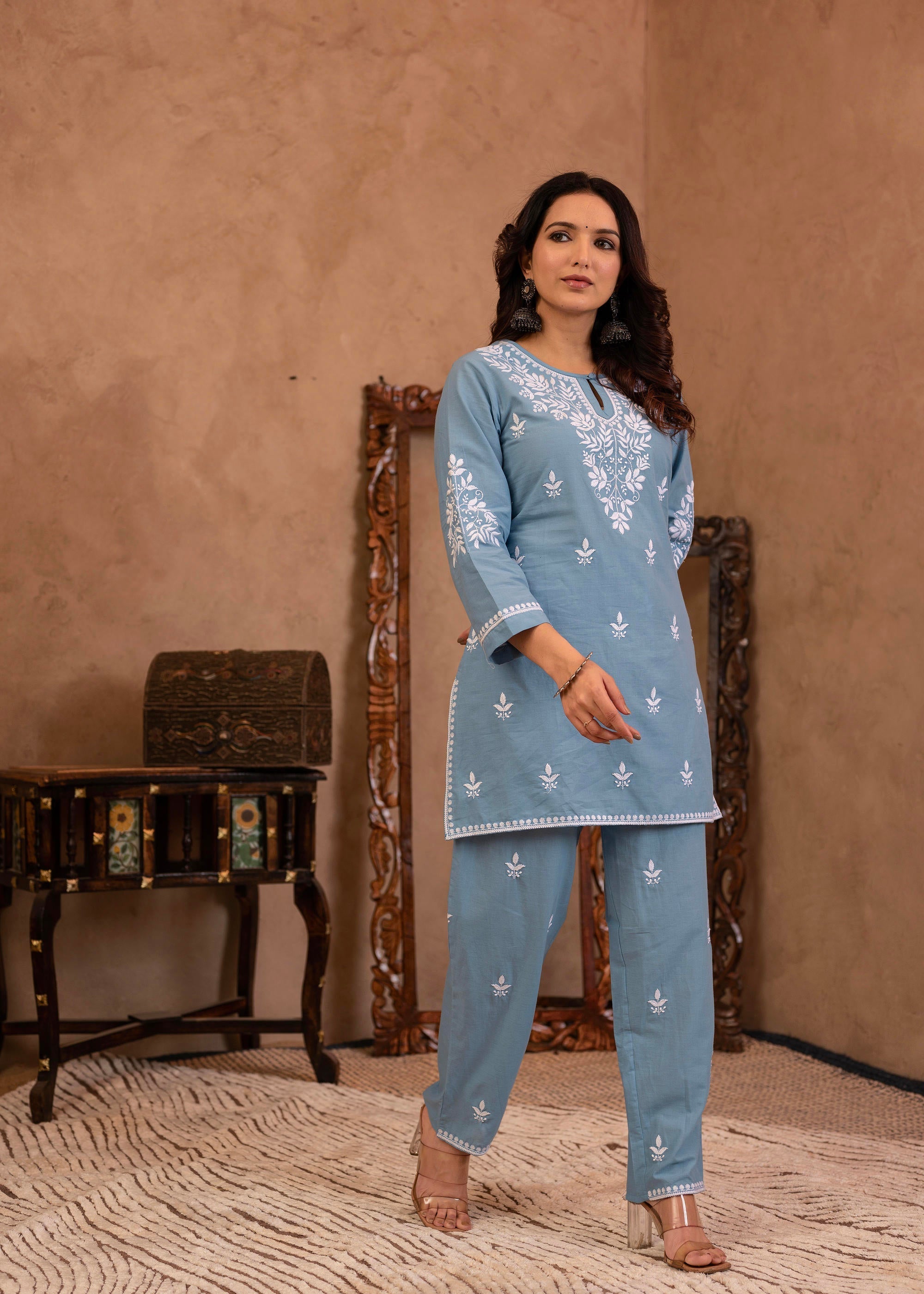 Blue Embroidered Cotton Slub Kurta with Pant & Button Details | DesiQl