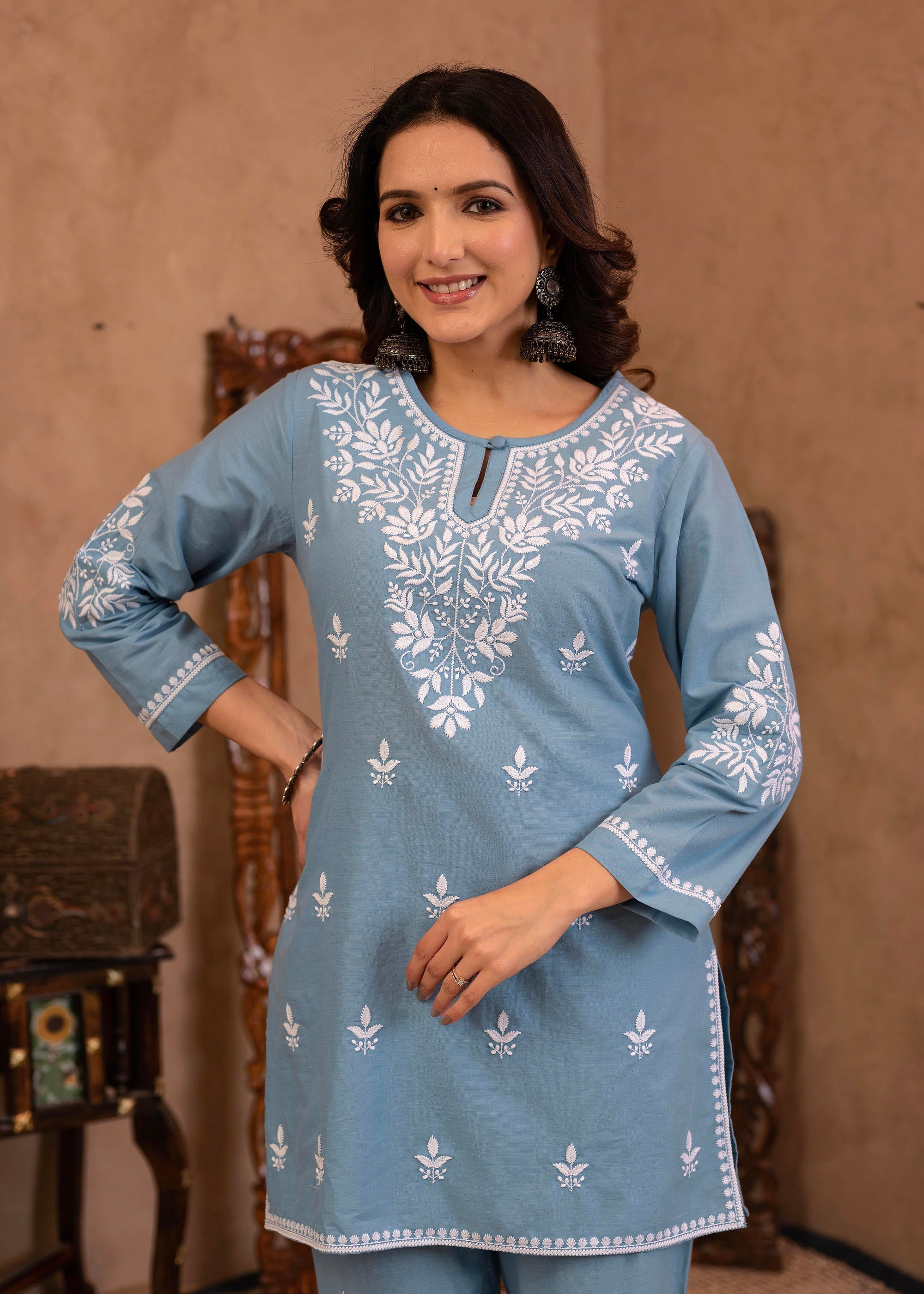 Blue Embroidered Cotton Slub Kurta with Pant & Button Details | DesiQl