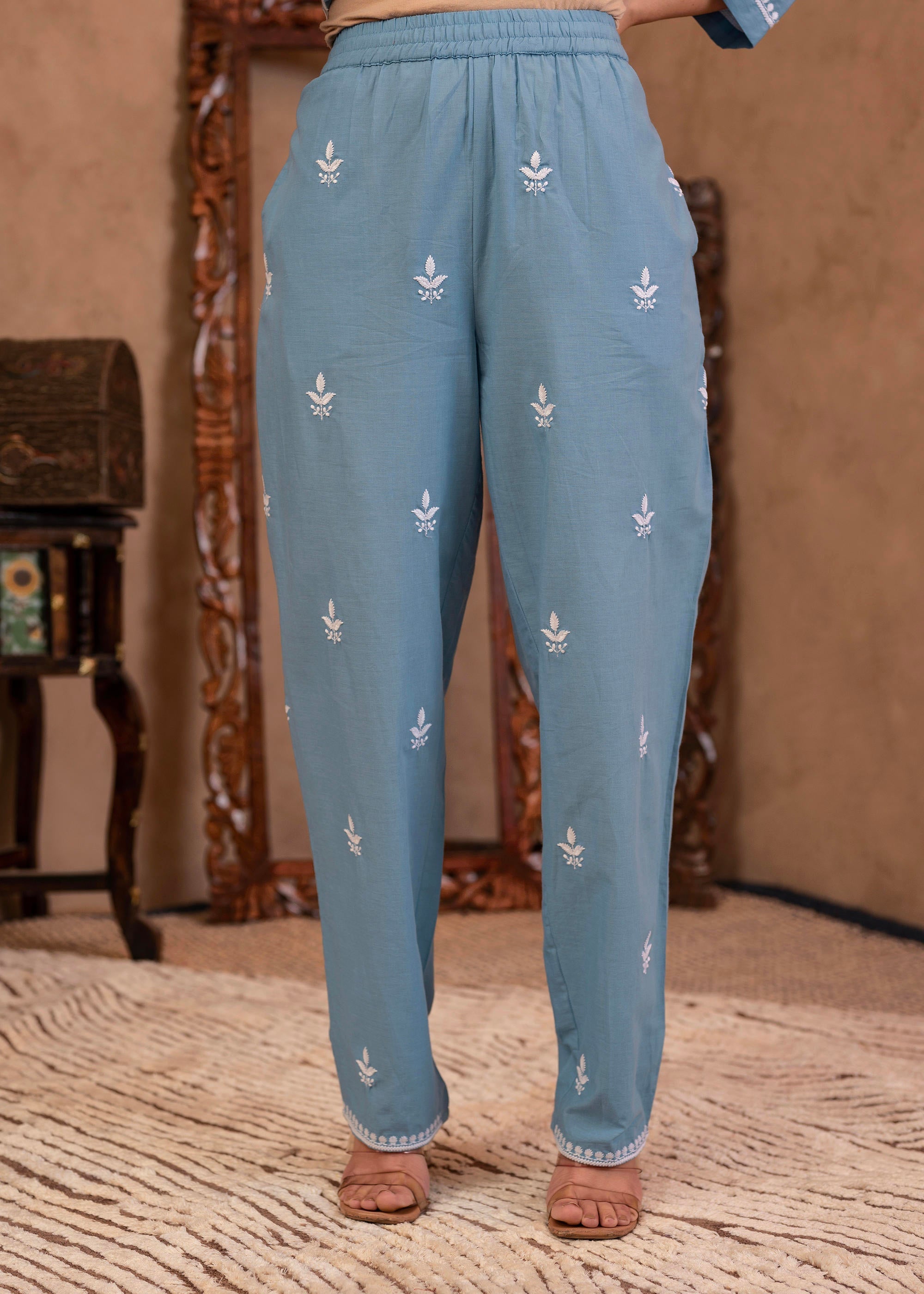 Blue Embroidered Cotton Slub Kurta with Pant & Button Details | DesiQl