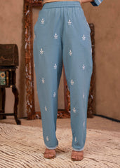 Blue Embroidered Cotton Slub Kurta with Pant & Button Details