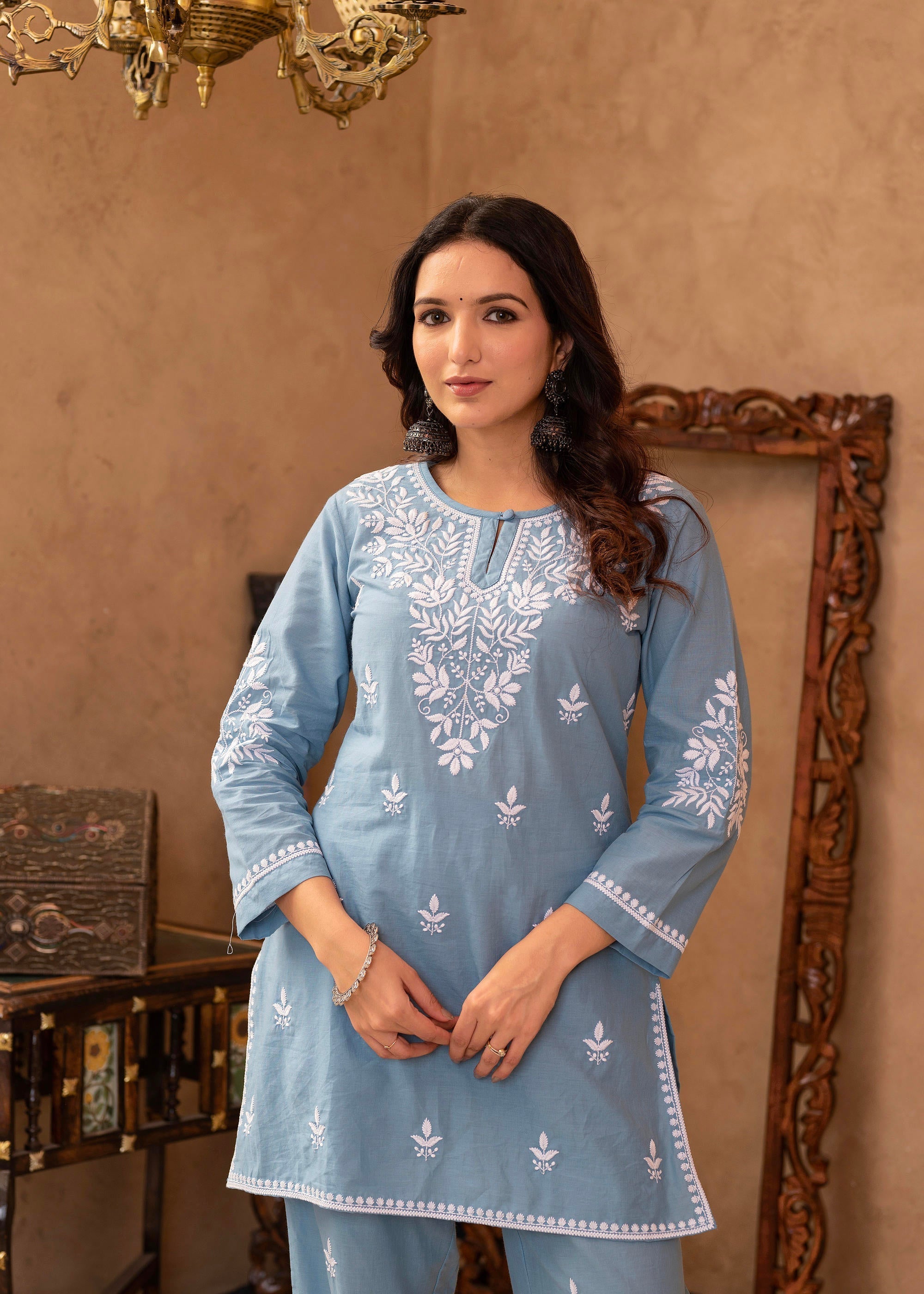 Blue Embroidered Cotton Slub Kurta with Pant & Button Details | DesiQl