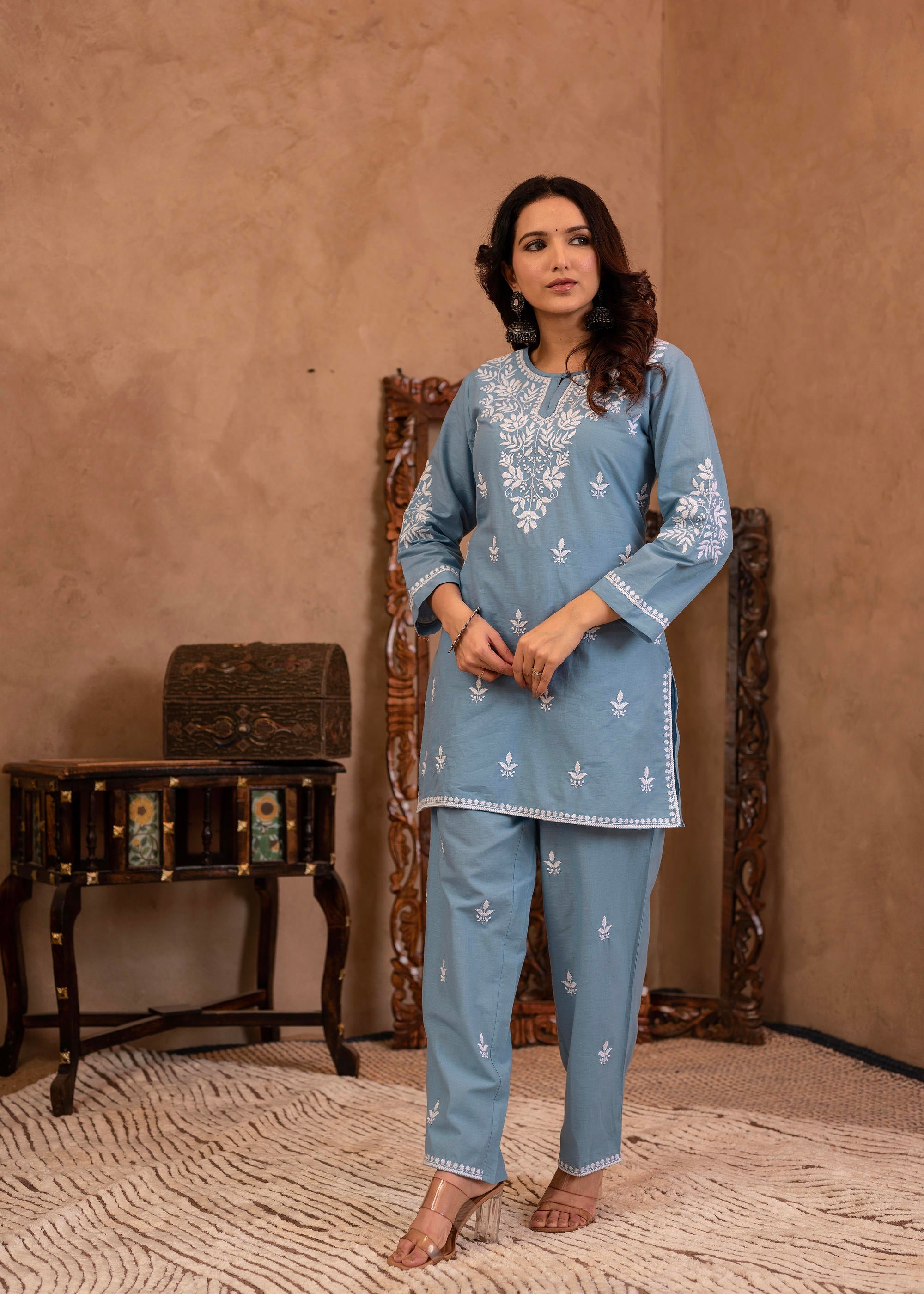 Blue Embroidered Cotton Slub Kurta with Pant & Button Details | DesiQl