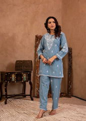 Blue Embroidered Cotton Slub Kurta with Pant & Button Details