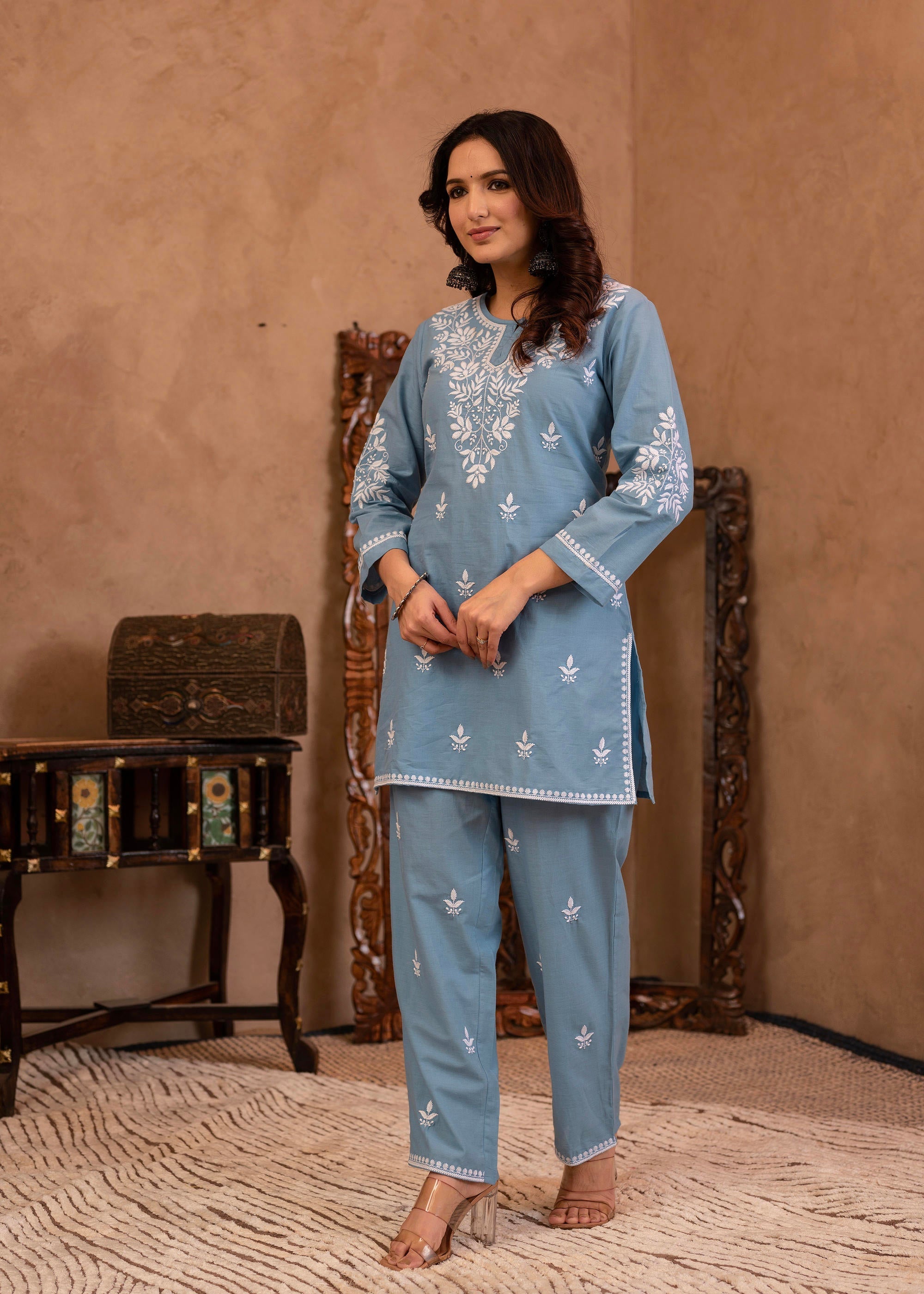 Blue Embroidered Cotton Slub Kurta with Pant & Button Details | DesiQl