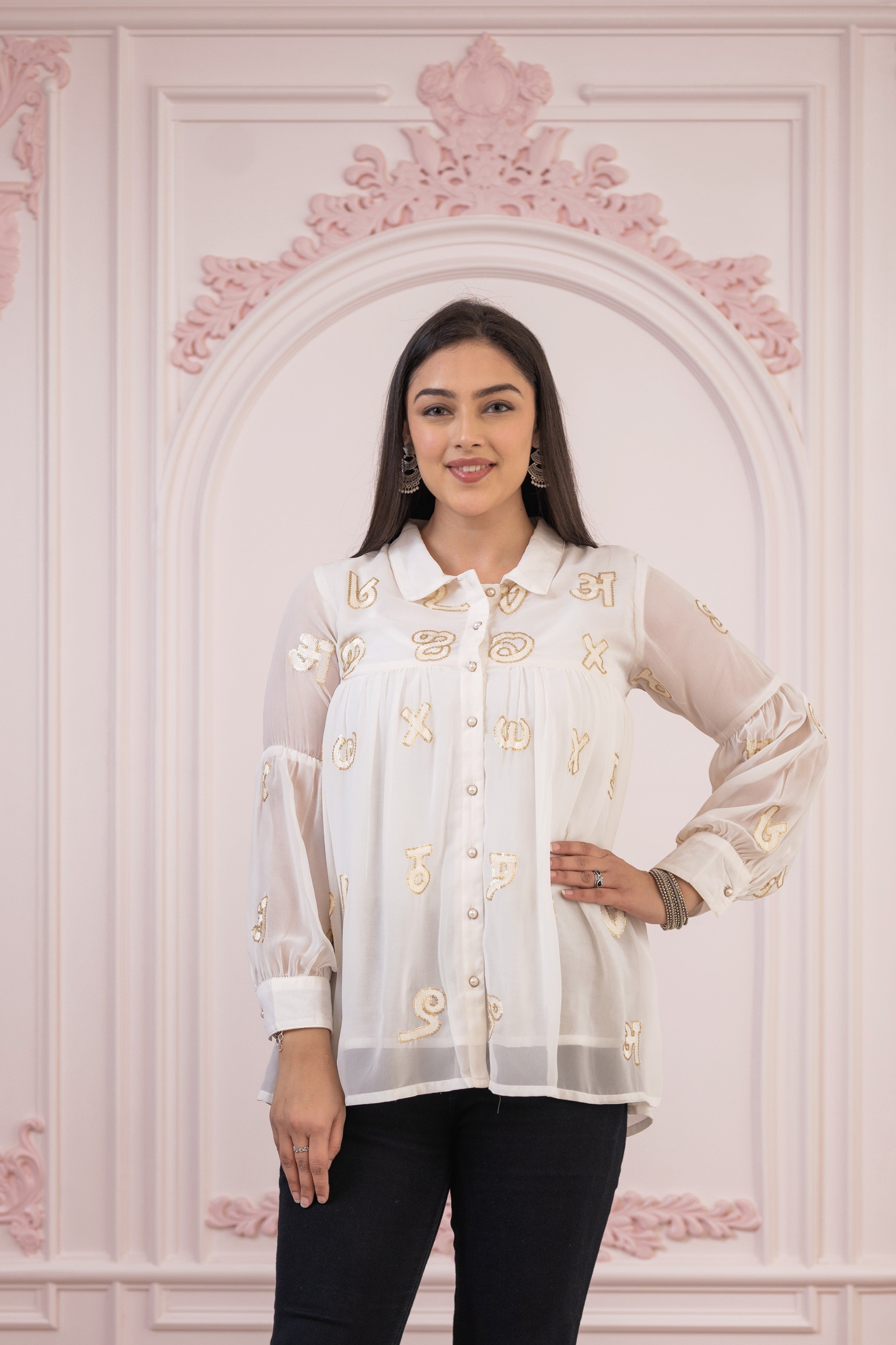 White embroiderd and sequince tunic with buttons | DesiQlo