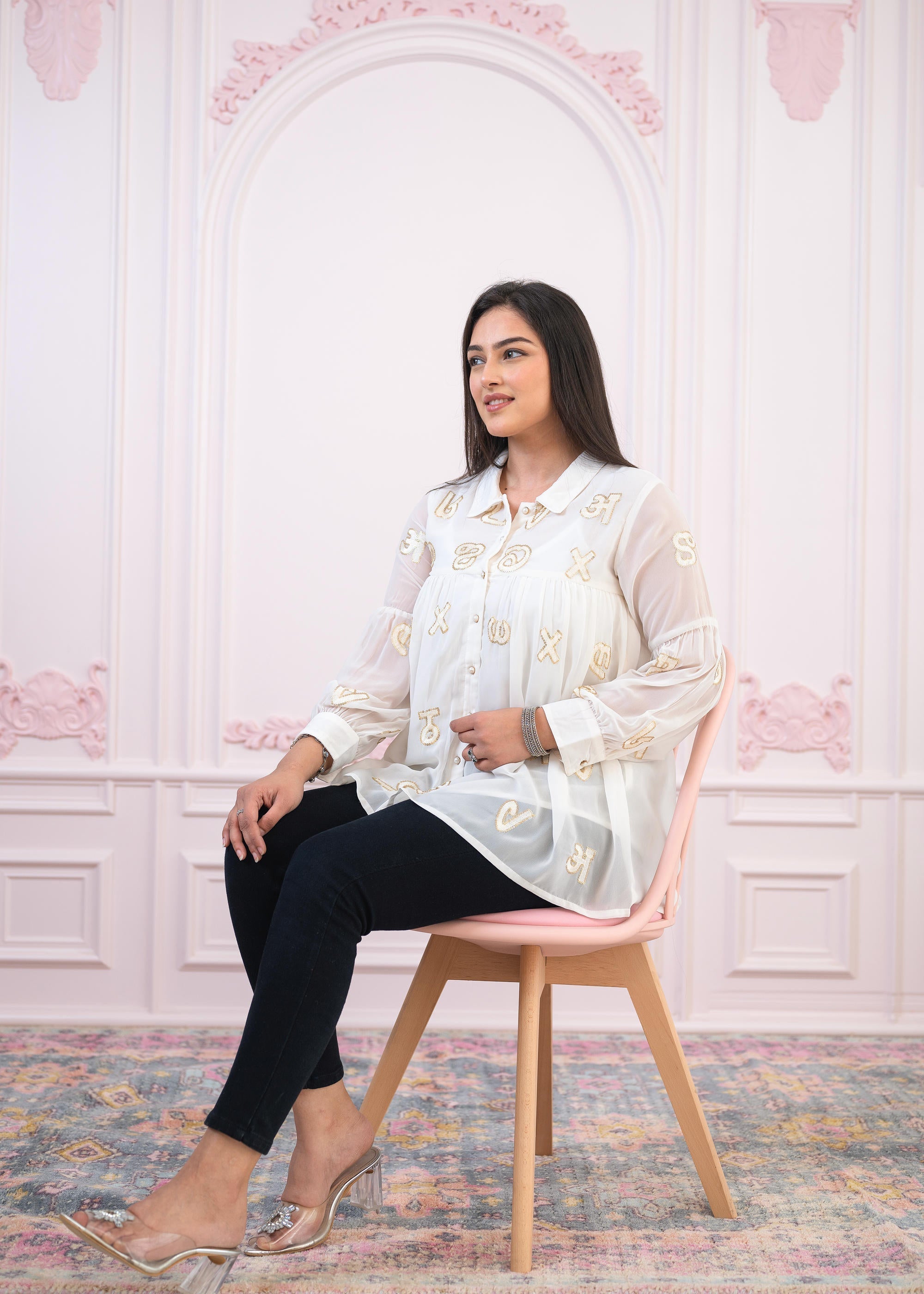 White embroiderd and sequince tunic with buttons | DesiQlo