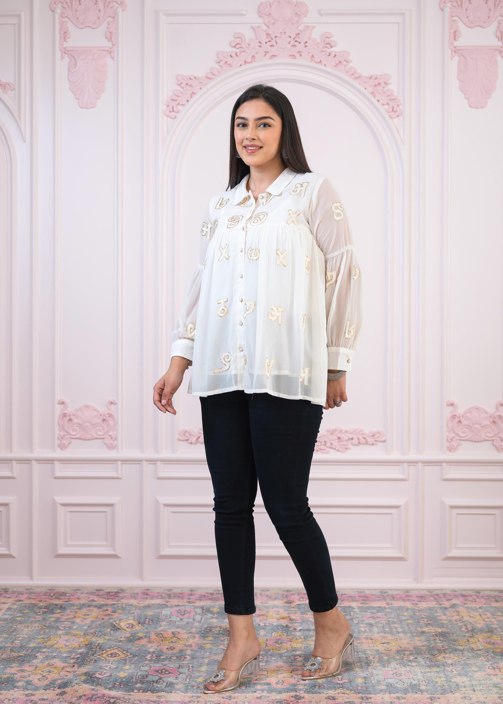 White embroiderd and sequince tunic with buttons | DesiQlo