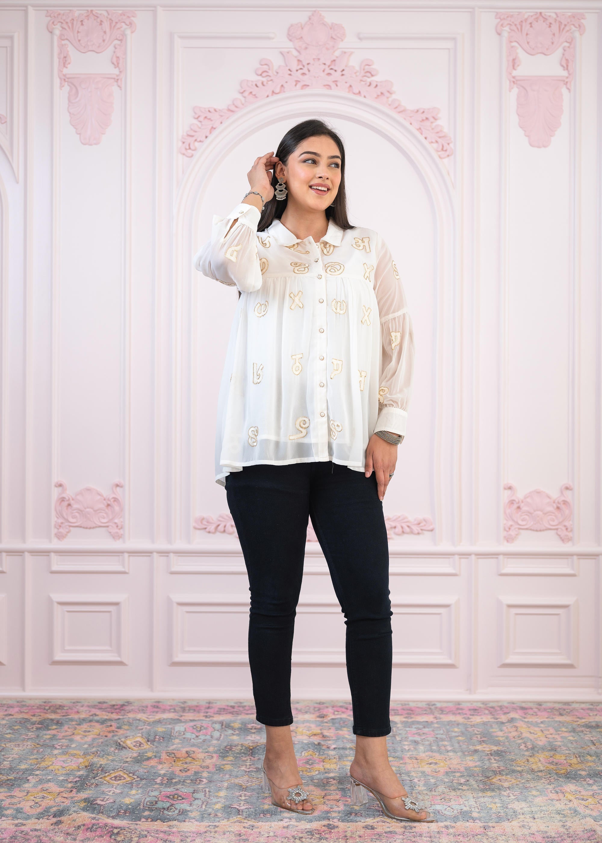 White embroiderd and sequince tunic with buttons | DesiQlo