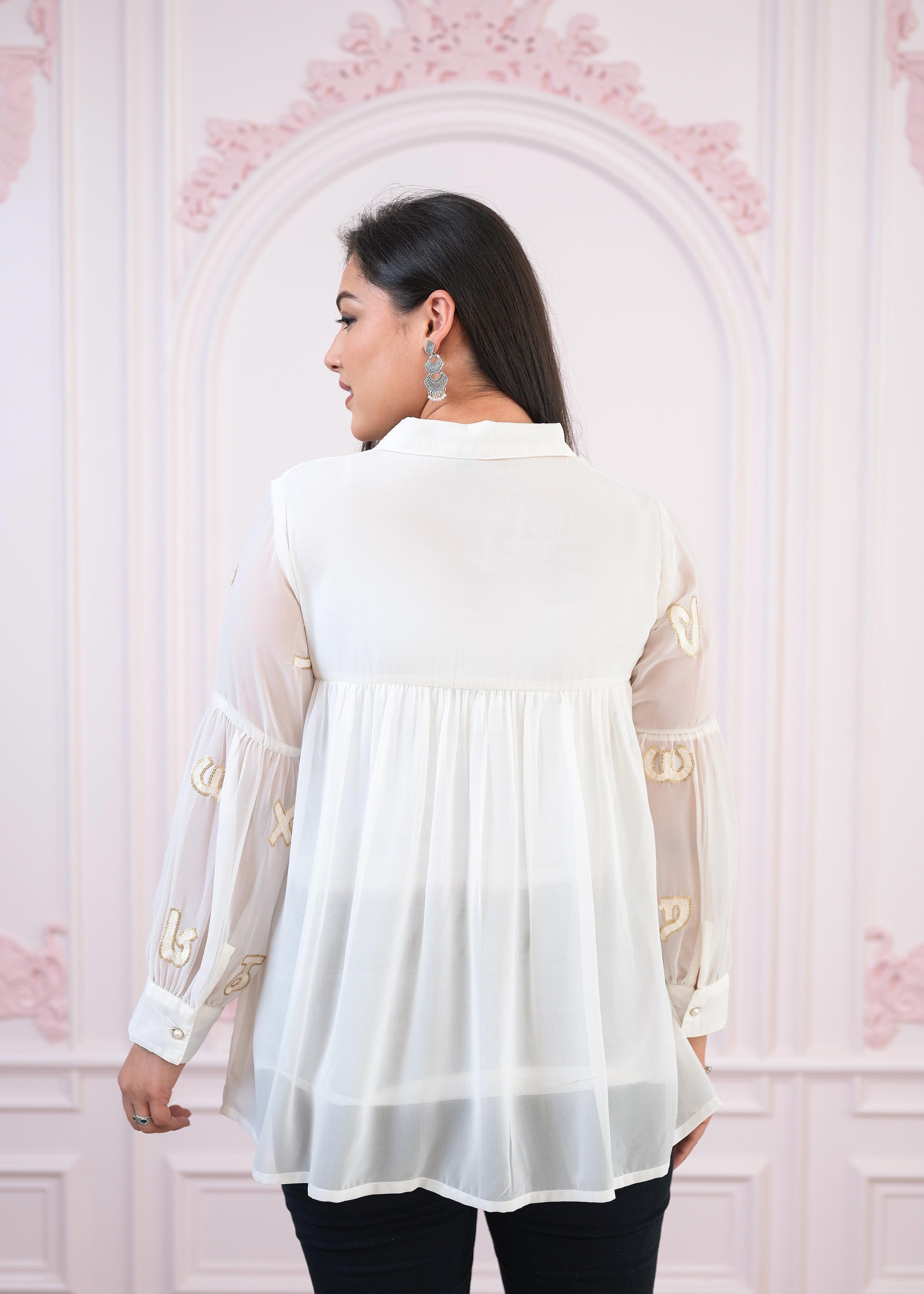 White embroiderd and sequince tunic with buttons | DesiQlo