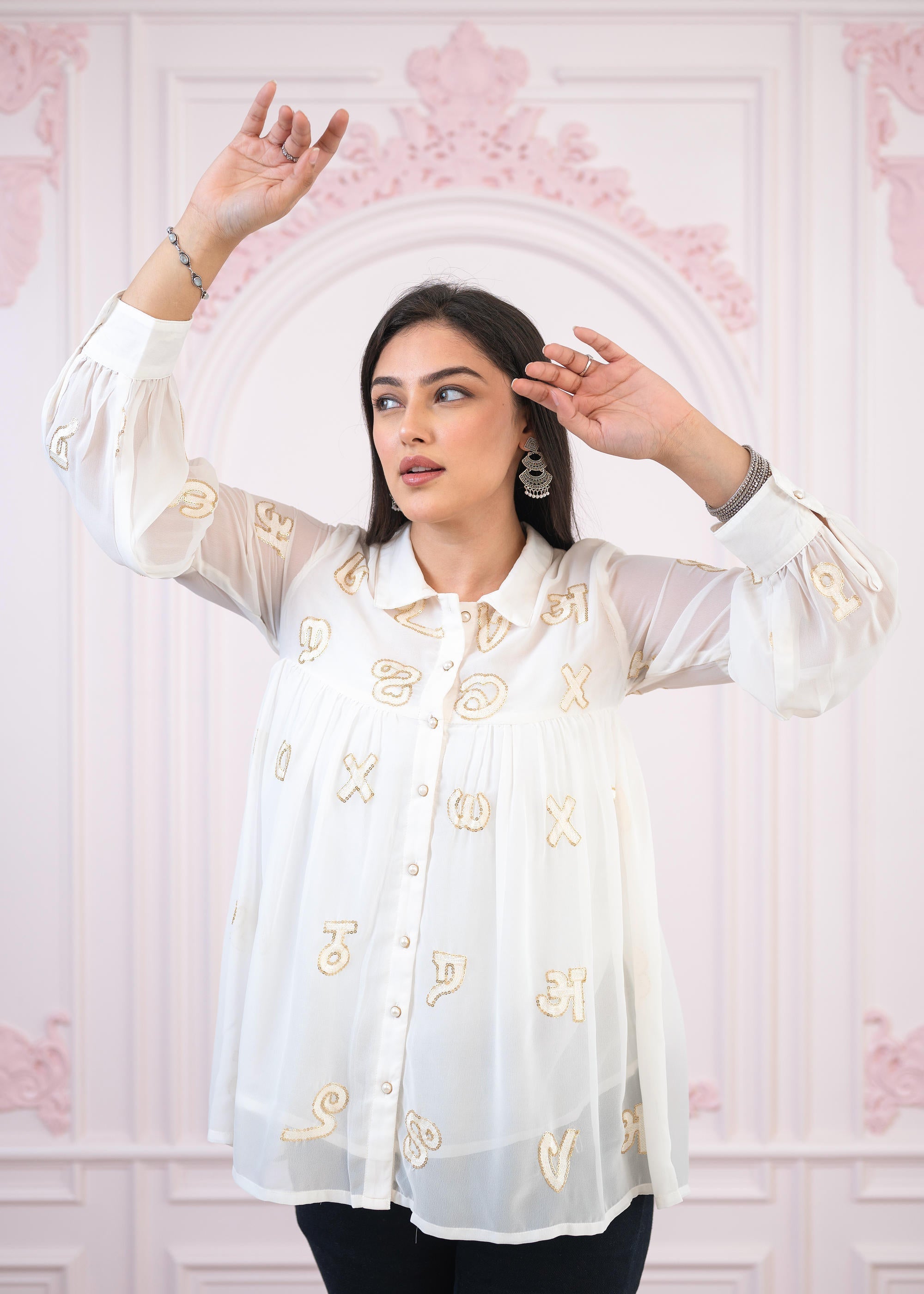White embroiderd and sequince tunic with buttons | DesiQlo