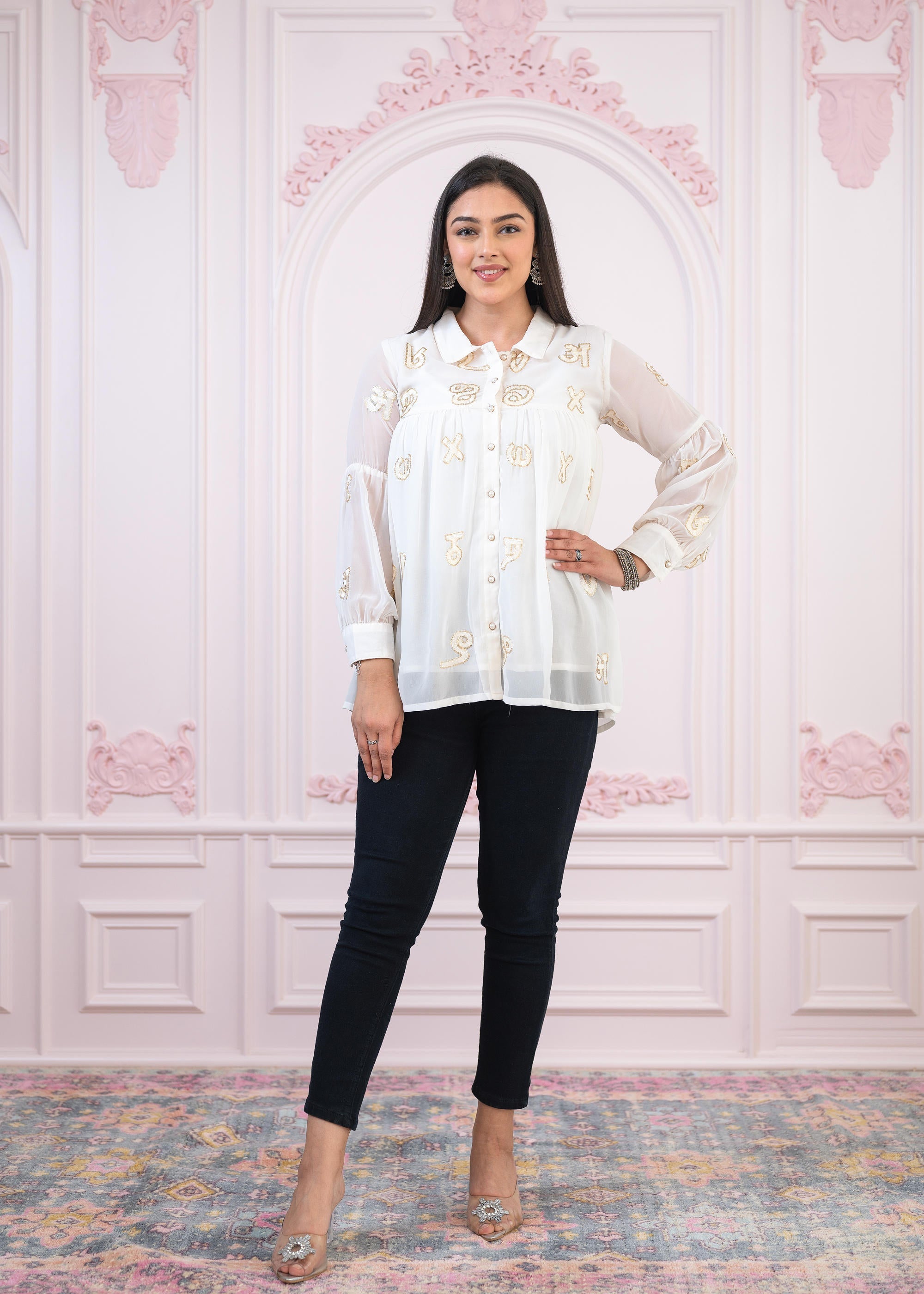 White embroiderd and sequince tunic with buttons | DesiQlo