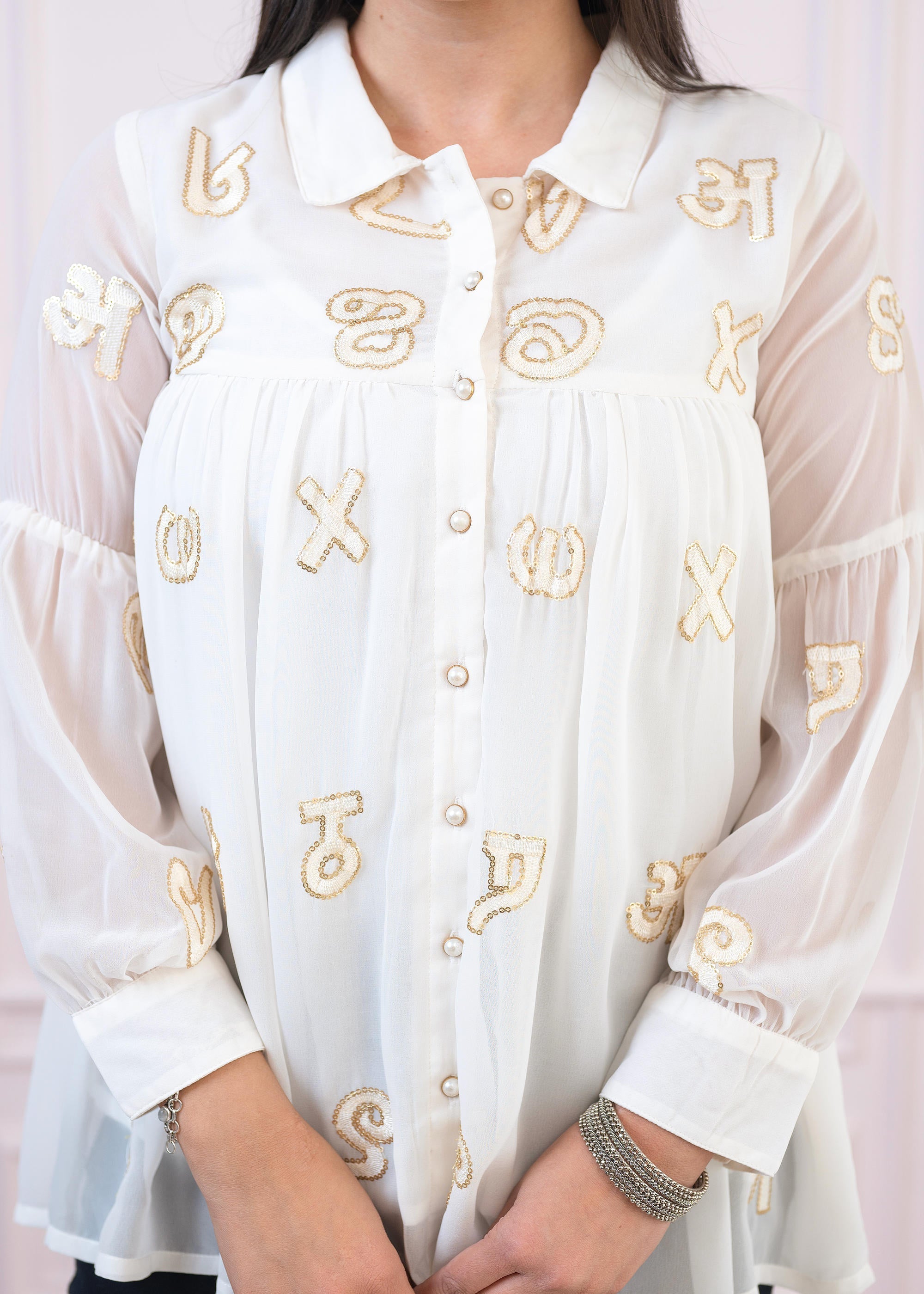 White embroiderd and sequince tunic with buttons | DesiQlo