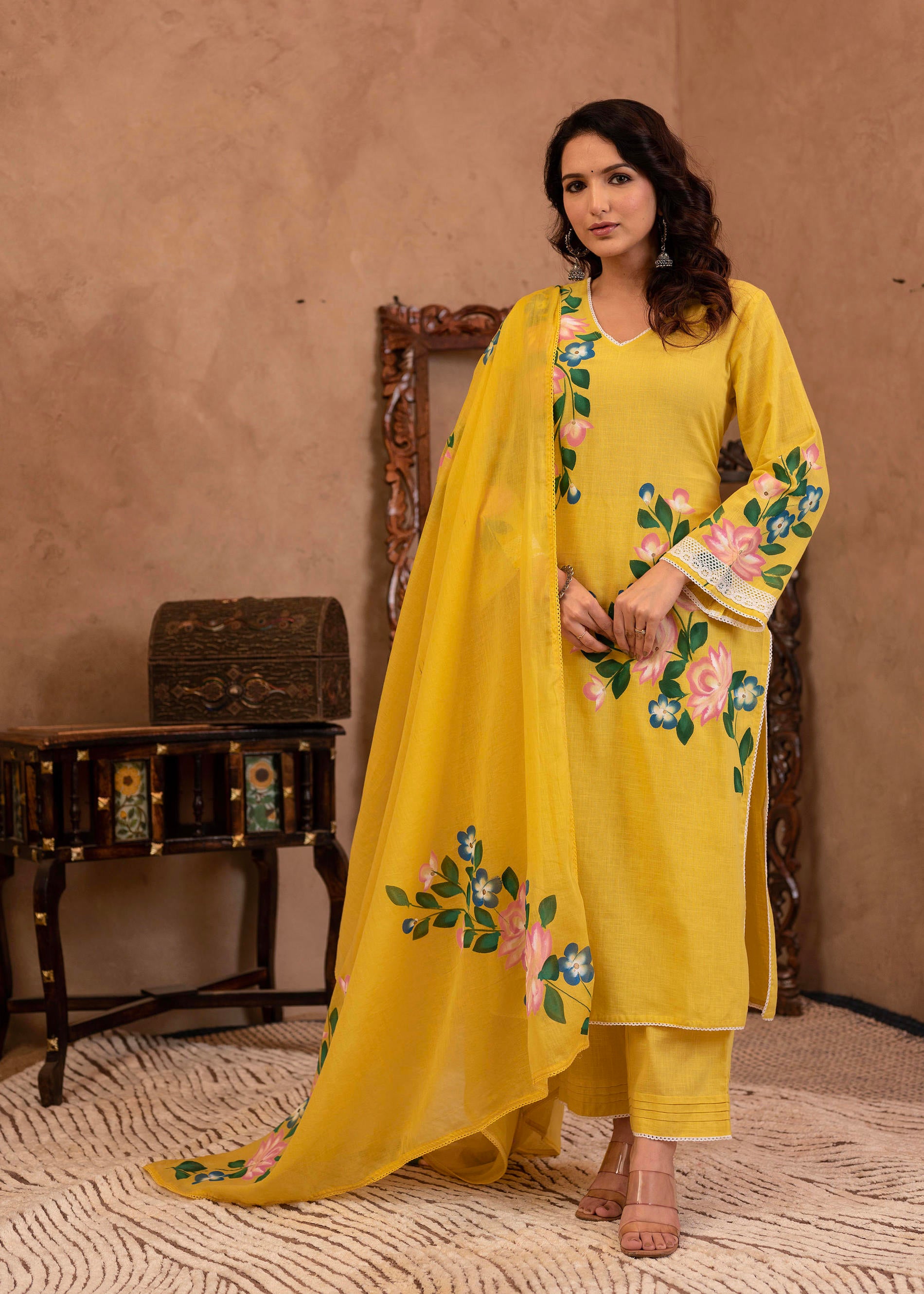 Yellow Cotton Slub Floral Printed Kurta-Pant & Dupatta Set with Lace Work