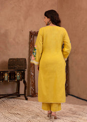 Yellow Cotton Slub Floral Printed Kurta-Pant & Dupatta Set with Lace Work-P1317YELLOW
