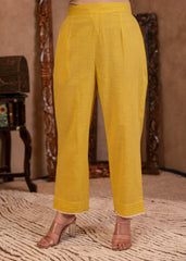 Yellow Cotton Slub Floral Printed Kurta-Pant & Dupatta Set with Lace Work-P1317YELLOW