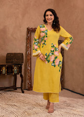 Yellow Cotton Slub Floral Printed Kurta-Pant & Dupatta Set with Lace Work-P1317YELLOW