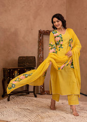 Yellow Cotton Slub Floral Printed Kurta-Pant & Dupatta Set with Lace Work-P1317YELLOW