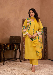 Yellow Cotton Slub Floral Printed Kurta-Pant & Dupatta Set with Lace Work-P1317YELLOW