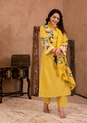 Yellow Cotton Slub Floral Printed Kurta-Pant & Dupatta Set with Lace Work-P1317YELLOW