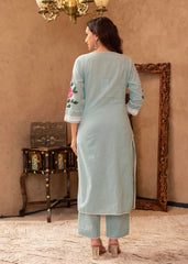 Sky Blue Cotton Slub Floral Printed Kurta-Pant & Dupatta Set with Lace, Thread Work & Button Closure-P1318SKYBLUE
