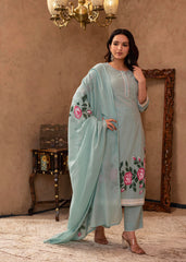 Sky Blue Cotton Slub Floral Printed Kurta-Pant & Dupatta Set with Lace, Thread Work & Button Closure-P1318SKYBLUE
