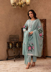 Sky Blue Cotton Slub Floral Printed Kurta-Pant & Dupatta Set with Lace, Thread Work & Button Closure-P1318SKYBLUE