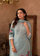 Sky Blue Cotton Slub Floral Printed Kurta-Pant & Dupatta Set with Lace, Thread Work & Button Closure-P1318SKYBLUE