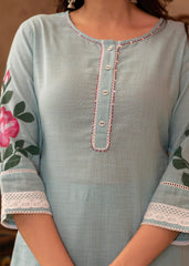 Sky Blue Cotton Slub Floral Printed Kurta-Pant & Dupatta Set with Lace, Thread Work & Button Closure-P1318SKYBLUE