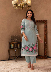 Sky Blue Cotton Slub Floral Printed Kurta-Pant & Dupatta Set with Lace, Thread Work & Button Closure-P1318SKYBLUE