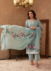 Sky Blue Cotton Slub Floral Printed Kurta-Pant & Dupatta Set with Lace, Thread Work & Button Closure-P1318SKYBLUE